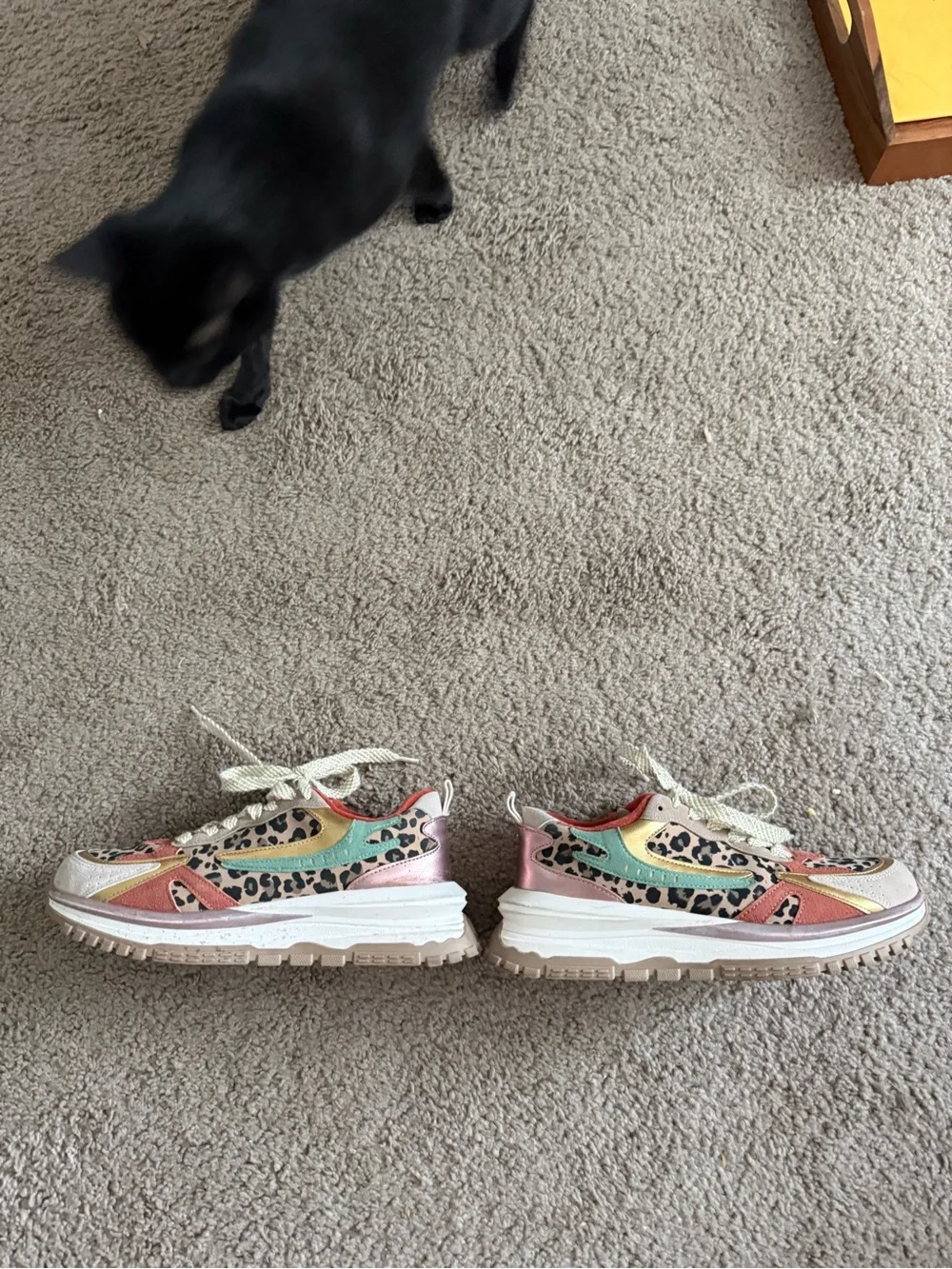 Women’s Leopard Accent Athletic Sneakers in Coral, Gold, and Mint